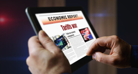 Tariffs war newspaper on mobile tablet screen