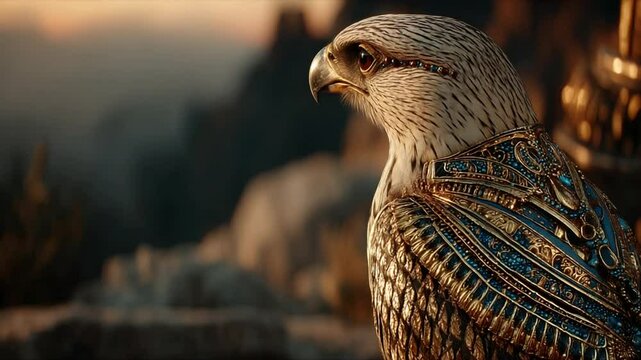 Majestic falcon with decorative golden armor, perched in mountainous landscapes
