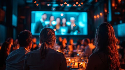 Award ceremony attendees watch presentation on large screen.
