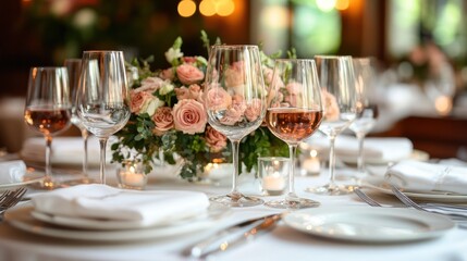 Elegant Dinner Table Setting with Rose Wine and Peach Roses
