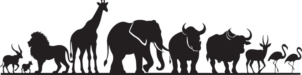 Silhouette illustration showcasing various african animals including lion giraffe elephant buffalo and gazelle with other wildlife in a black and white design