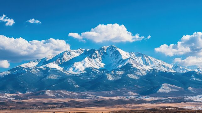 Majestic snow-capped mountain range under a bright blue sky with fluffy white clouds and a tranquil valley below in a serene landscape