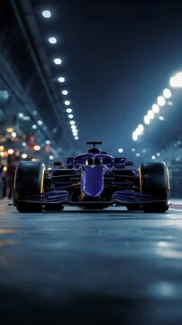 Formula One Race Car in Pit Lane at Night

