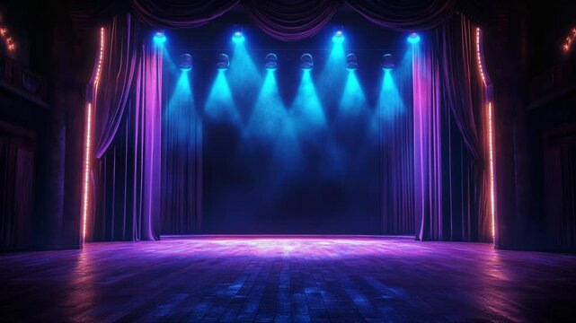 An empty theater stage with blue spotlights, purple curtains, and a wooden floor