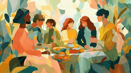Diverse Group of Friends Sharing a Meal Outdoors Illustration