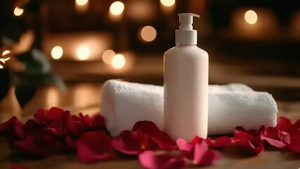 Elegant spa setup featuring a lotion bottle surrounded by rose petals and soft candlelight ambiance - Powered by Adobe