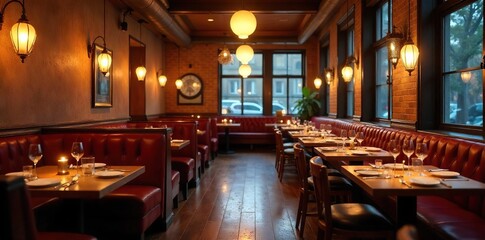 Warm, inviting restaurant interior with stylish pendant lights illuminating cozy booths and tables, creating a perfect ambiance for a romantic dinner or friendly gathering , tables, aesthetic