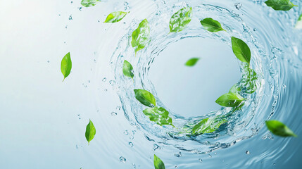 A water droplet with leaves floating in it. The water droplet is surrounded by a circle of leaves