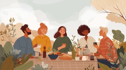 Diverse Group of Friends Sharing a Meal Outdoors Illustration