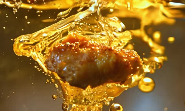 Crispy Fried Chicken Piece Dropping into Hot Oil Sizzling Food in Slow Motion