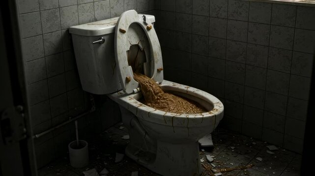 Overflowing toilet in disrepair showing water damage and decay in dimly lit bathroom