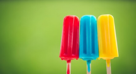 Three vibrant popsicles in red, blue, and yellow are melting against a bright, fresh green backdrop.