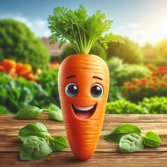 Cute Smiling Carrot Character in Vegetable Garden, 3D Illustration