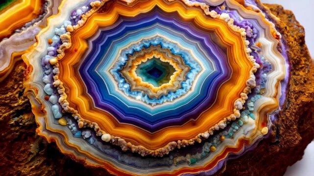 Detailed close-up of colorful banded agate mineral slice with concentric rings and natural formations showcasing geological beauty