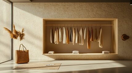 Neutral toned clothing display in a minimalist store.
