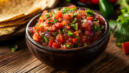 fresh and flavorful salsa served in a bowl with tortilla on a rustic table