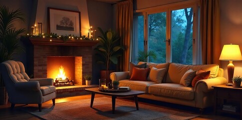 A cozy living room scene featuring a fireplace, comfortable furniture, and soft lighting, perfect for a relaxing family evening , stillness, furniture