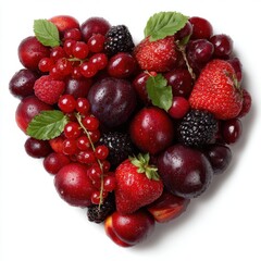 Obraz premium Heart shaped arrangement of red berries and plums isolated on white background