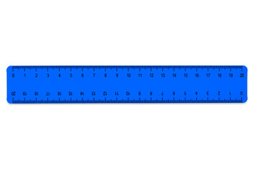 Blue centimeter plastic school ruler isolated on white
