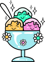 Retro groovy Kawaii Ice Cream Scoops in a Cup Illustration