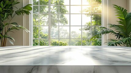 Fototapeta premium Sun-drenched marble surface overlooking a lush garden.