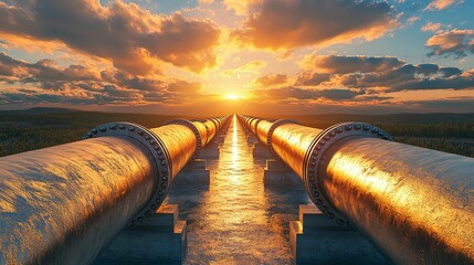 Golden pipelines stretch toward a vibrant sunset horizon.