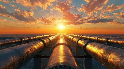 Vast pipeline network stretches across a radiant sunset landscape.