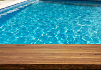 Poolside wood table provides a surface with a refreshing outdoor summer background perfect for displays