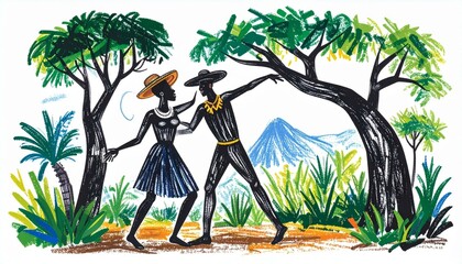 A stylized depiction of a man and woman, clad in black, dancing amidst vibrant green foliage and under the shade of large trees.  A distant, hazy blue mountain adds depth to the colorful, expressive