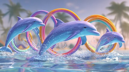 Three Dolphins Leap Through Colorful Rings in a Tropical Ocean Paradise A vibrant summer scene of playful marine mammals
