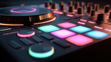 Illuminated DJ Mixer Controller Close Up Music Production Studio Technology