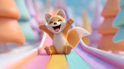 Happy Cartoon Fox Sliding Down a Rainbow Slide in a Pastel Wonderland