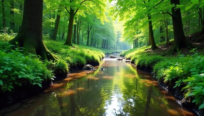 Obraz premium Serene, shallow brook meandering through a lush green forest, sunlight dappling the water's surface Perfect for nature, tranquility, and environmental themes , flowing, fresh, background
