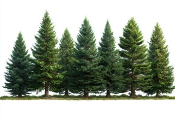 Obraz premium Seven evergreen trees row isolated on white background