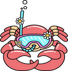 Retro groovy Cartoon Crab Wearing Snorkel and Diving Mask