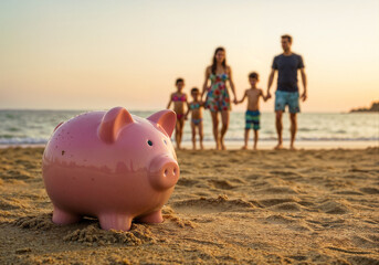 Piggy bank sits symbolizing family savings plan for vacation at sandy beach during sunset