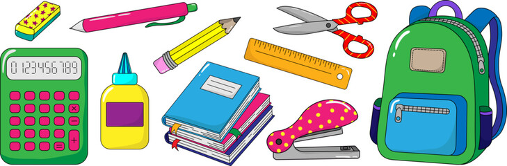 set of colorful school supplies isolated on white background, including backpack, books, ruler, scissors, glue, stapler, pencil, calculator, back to school