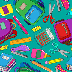 colorful school supplies seamless pattern emerald background education student learning stationery digital illustration design