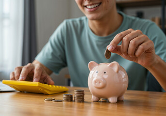 Savings are growing as man puts coin in piggy bank near calculator indoors planning finances