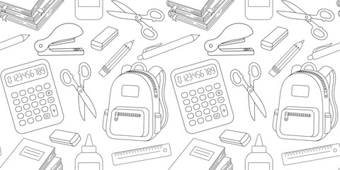seamless school supplies pattern in black outline on white background, vector education design with backpacks, calculators, scissors, pencils and notebooks