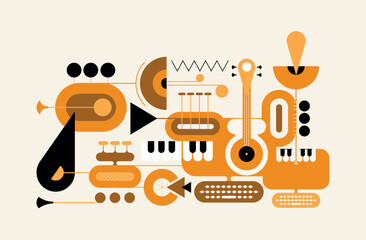 Abstract design of trumpets, guitars, piano and computers. Concert and music festival poster template, sound recording and musical instruments vector illustration isolated on a light background.