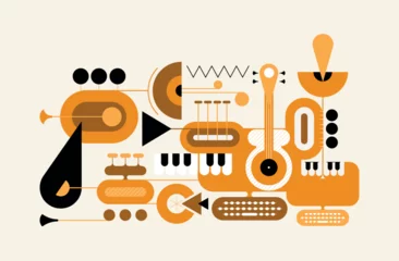 Abstract design of trumpets, guitars, piano and computers. Concert and music festival poster template, sound recording and musical instruments vector illustration isolated on a light background.