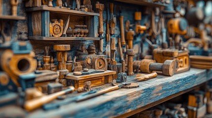 Rustic workshop, wooden toys, tools, crafting, market stall, background clutter, handcrafted