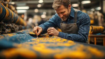 close-up of male tailor’s hands sewing fabric on black table