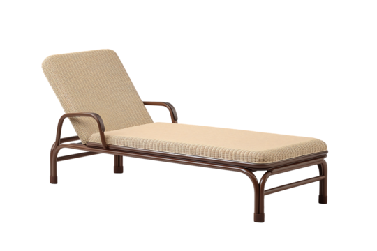 Brown metal frame chaise lounge with beige woven fabric cushion