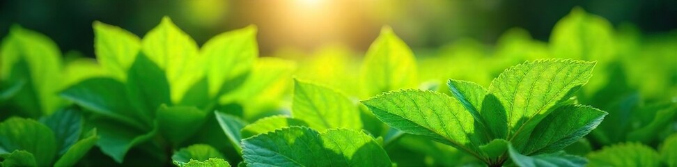 Lush green leaves thriving in a vibrant, organically grown garden Sunlight filters through the foliage, illuminating the healthy plants Perfect for spring, summer, and nature themes , leaf, close up