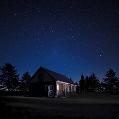 Rustic barn glows beneath a vast, starry night sky