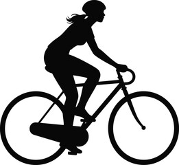 Fototapeta premium A silhouette of a woman riding a bicycle with a helmet on a white background in side view pose