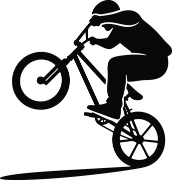 A silhouette of a cyclist performing a wheelie on a bmx bike against a white background image view