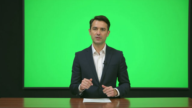 reporter stands news desk green screen behind hands cradling microphones address audience natural bright setting